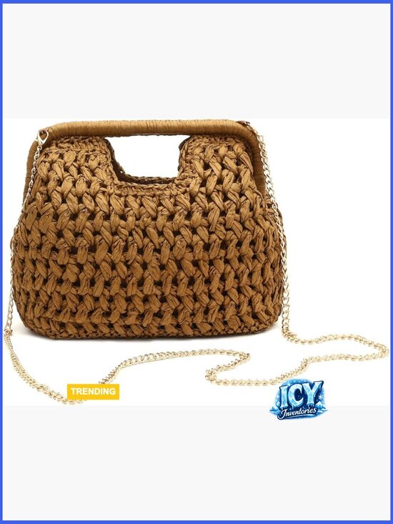 Handbags - Natural Straw Woven Clutch Purse, Beach Crossbody Bag with Gold Chain